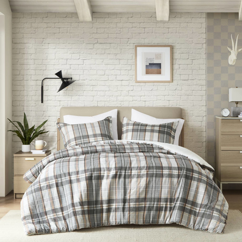 Housse de couette pour lit double / grand lit 3 pièces en microfibre à motif écossais