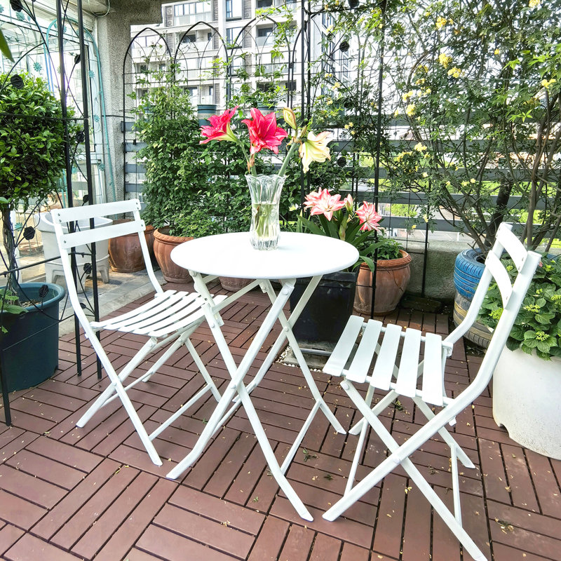 3-Piece Bistro Set White Patio Of Foldable Round Table And Chairs Outdoor Furniture, White