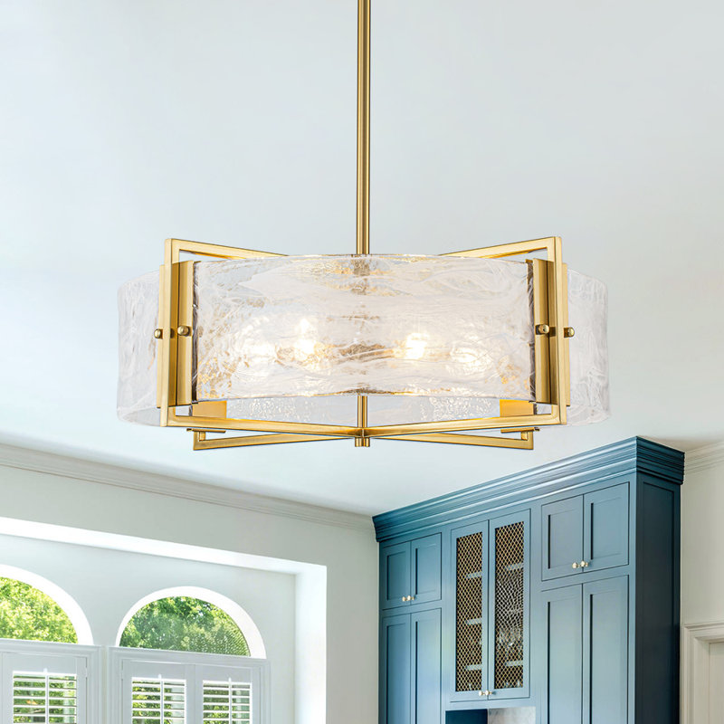 6-Light White Mist Glass Drum Chandelier, Brushed Gold