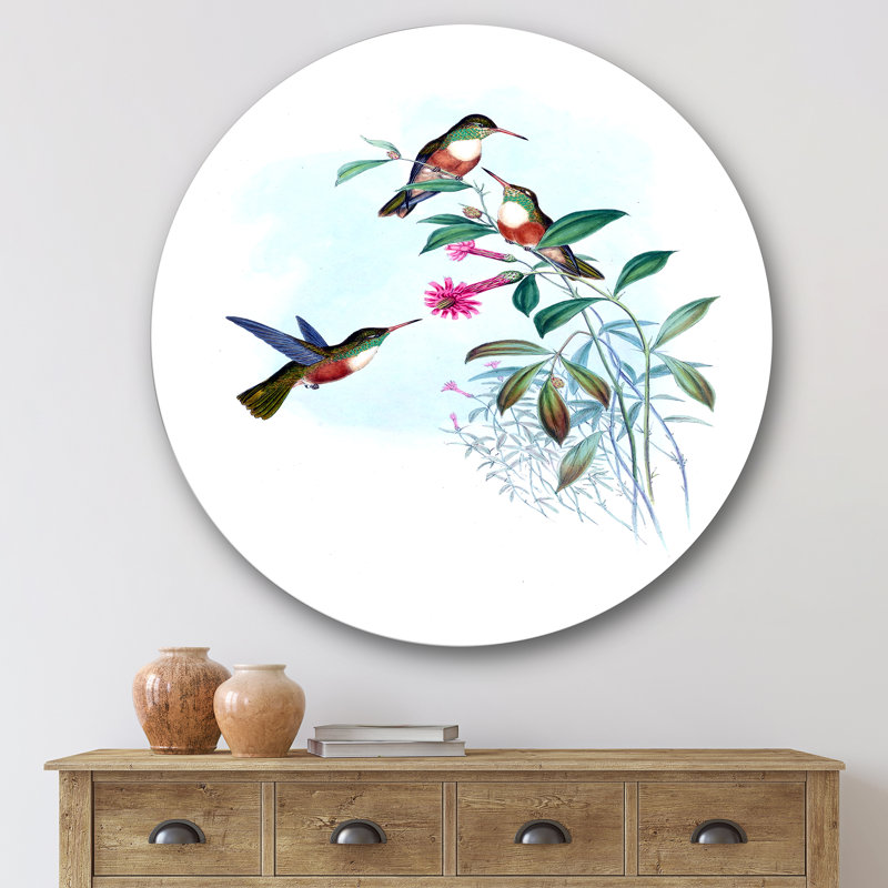Rétro colibri IV - art mural traditionnel cercle en métal, H 36 po x l 36 po x P 1 po