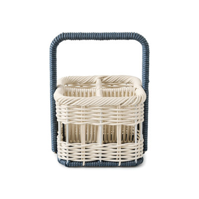 Faux Rattan Napkin Holder & Utensil Caddy, All-Weather Woven Tabletop Organizer with Handle, Farmhouse Coastal Storage Basket