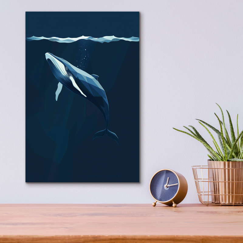 Art mural en verre épique «Whale Blue Minimalist Design» par Momart, H 16 po x l 12 po x P 0,13 po