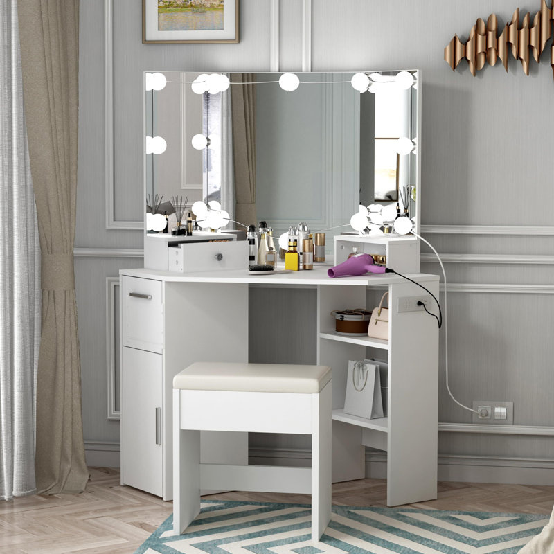 Ensemble de meuble-lavabo de coin avec station de charge, bureau de meuble-lavabo avec lumières