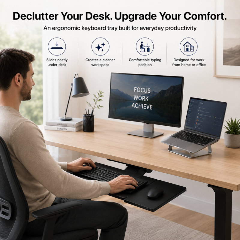 Plateau de clavier ergonomique KT1 sous bureau avec hauteur réglable, inclinaison négative, rotation à 360°, rail coulissant, plateforme pour souris gauche ou droite et pont KT