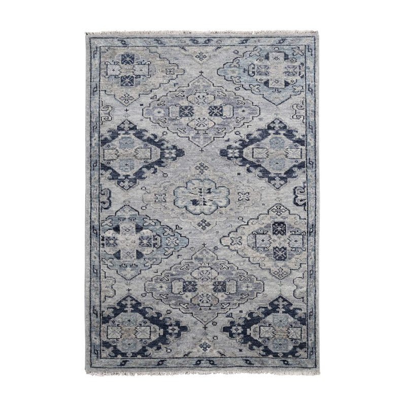 Tapis gris / noir nouvel âge en laine noué à la main de conception unique 5 pi 10 po x 8 pi 10 po Virnit