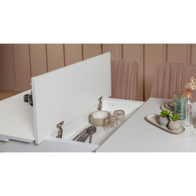 Elegant Extendable Dining Table & Chairs Set (4 Pieces), White & Stone, 51 x 30.3 x 31.5 inches | 100% Melamine Coated Particle Board & 100% Velvet | Features Hornbeam Legs, Modern Design, Perfect for Any Dining Space