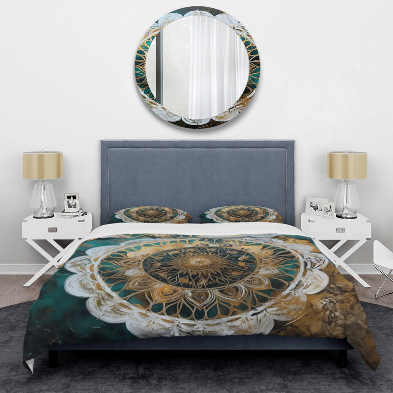 Ensemble de housse de couette en microfibre / polyester bleu sarcelle et or Mandala I Bedding