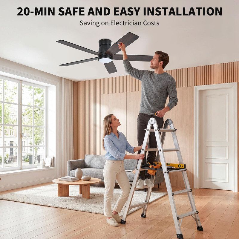 Ventilateur de plafond intelligent 52 po avec lumières et télécommande - 5 pales, application et commande vocale, à intensité variable, 6 vitesses, moteur réversible, pour patio, salon, chambre à coucher