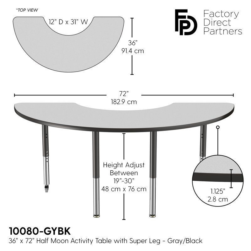Table d'activité demi-lune 36 "x 72" avec pieds réglables, Grey/Green/Black, Super