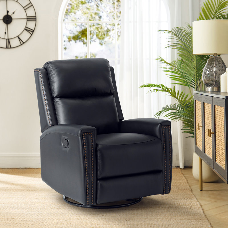 Chikako Genuine Leather Swivel Rocker Manual Recliner, Navy Genuine Leather