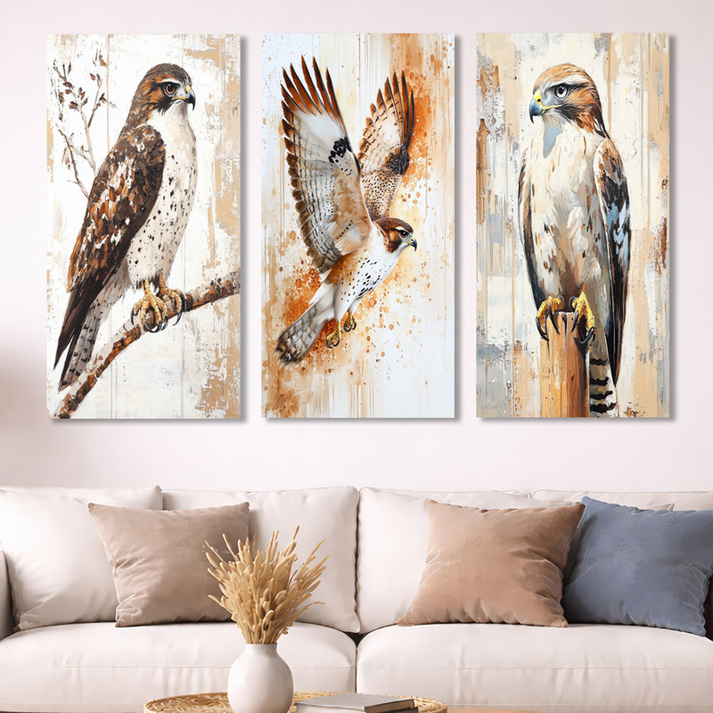 Hawk on the Hunt - Brown Hawk, art mural encadré 3 pièces, Toile tendue, H 32 po x l 48 po