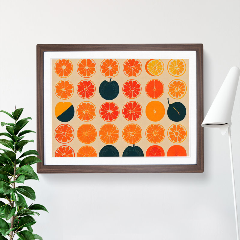 Retro Orange Fruit Slices - Single Picture Frame Painting, 34cm H x 46cm W x 2cm D, Walnut Framed