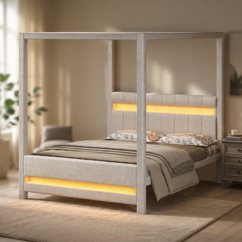 Lit plateforme tapissier à baldaquin avec lumières DEL et tête de lit