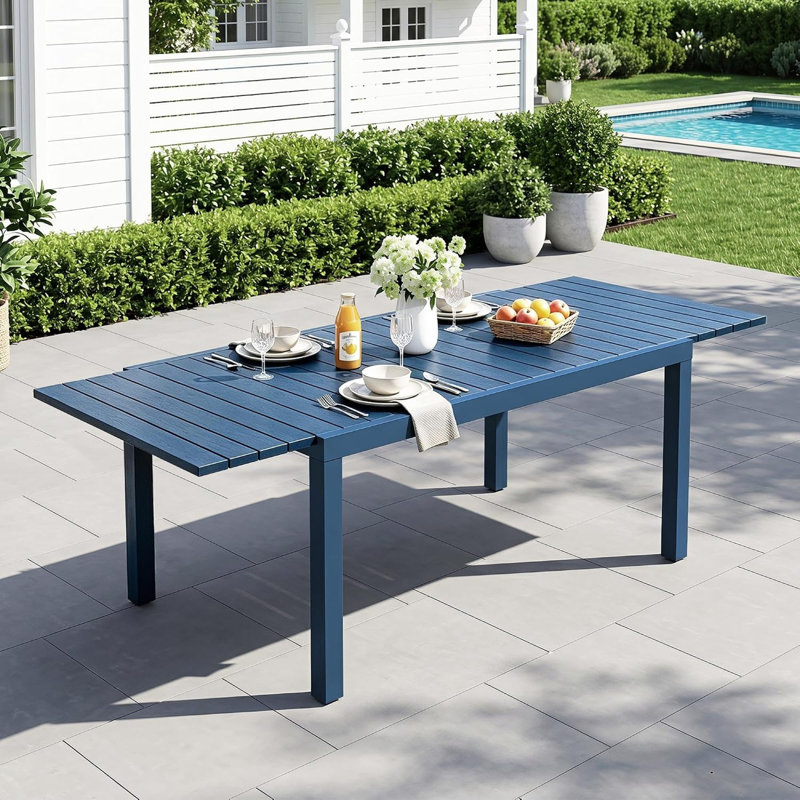 Tables de patio extensibles, en métal PEHD, de 152 à 224 cm, de style moderne pour les repas en plein air, Navy