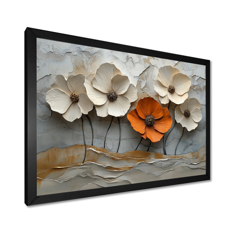 Blanc et orange, coquelicots en fleurs - coquelicots, art mural, H 12 po x l 20 po, Cadre simple noir