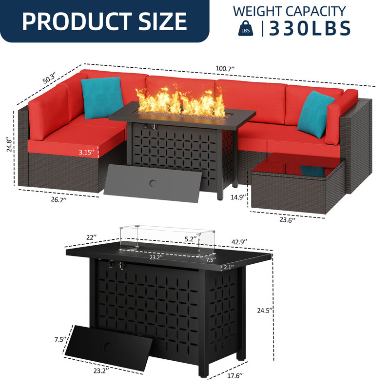 7-Piece Outdoor Rattan Patio Set with Fire Pit Table, Red