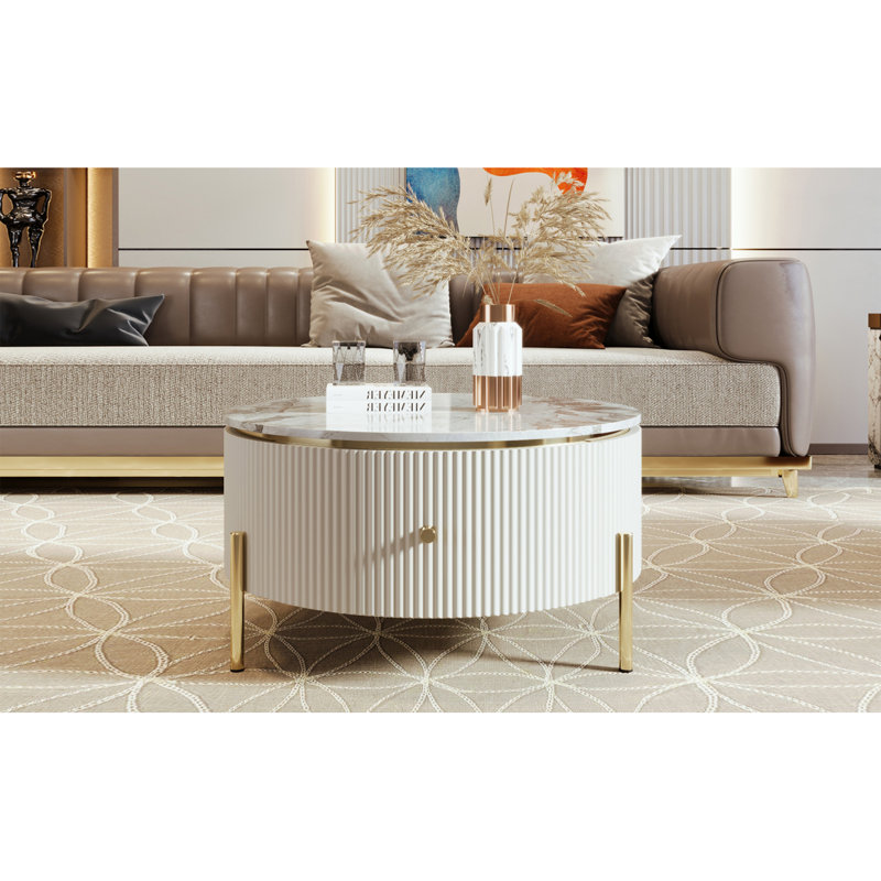  Table basse avec rangement Baadur, Blanc, Marbre gris
