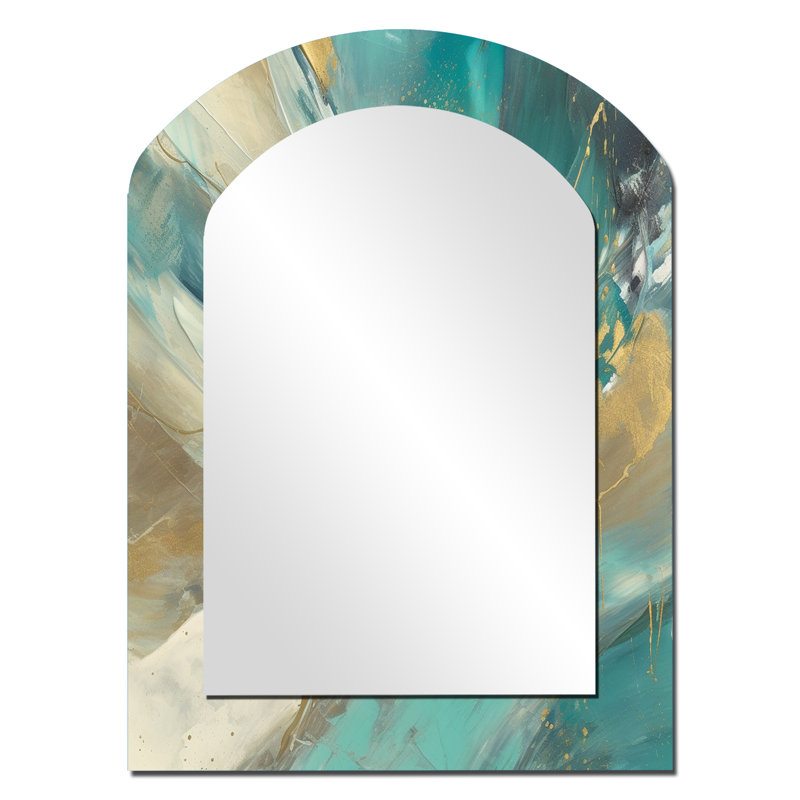 Turquoise Serendipity Abstract Painting - Abstract Painting Arch Unique Wall Mirror Decor, Turquoise Asymmetrical Large Mirror, Printed Metal Art