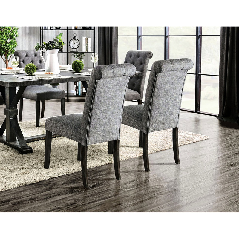 Chaises de salle à manger rustiques, tissu aspect lin à boutons, bois massif, base en bois gris avec dossier à volutes noir et gris