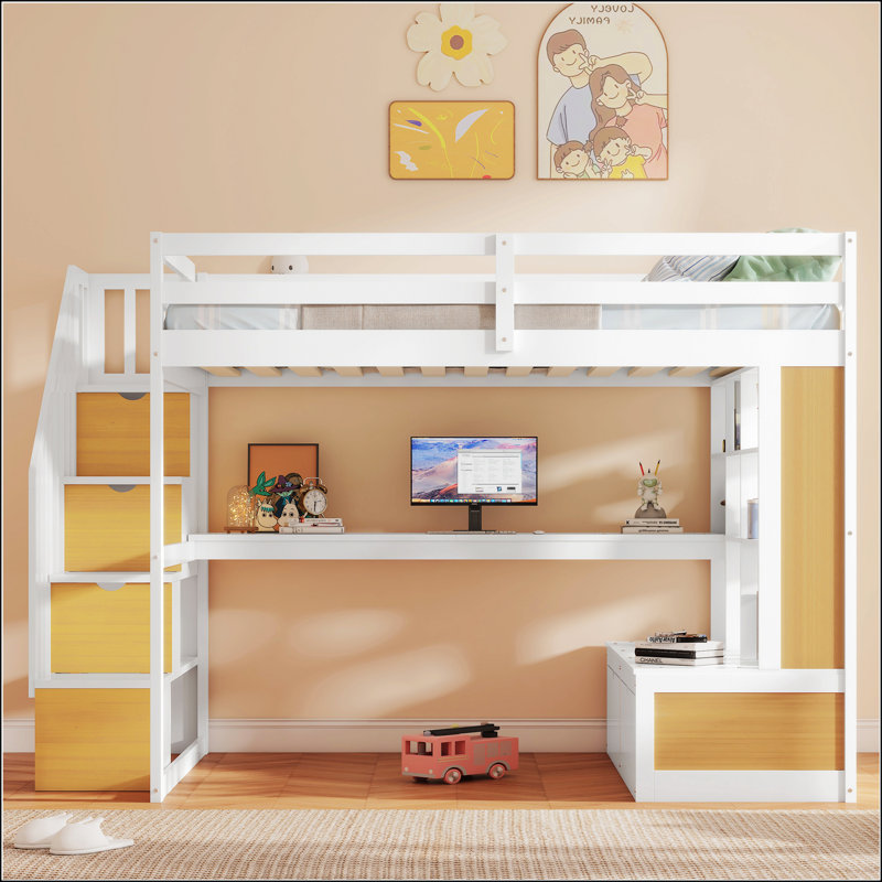 Lit mezzanine double avec bureau et tablettes, Naturel / blanc