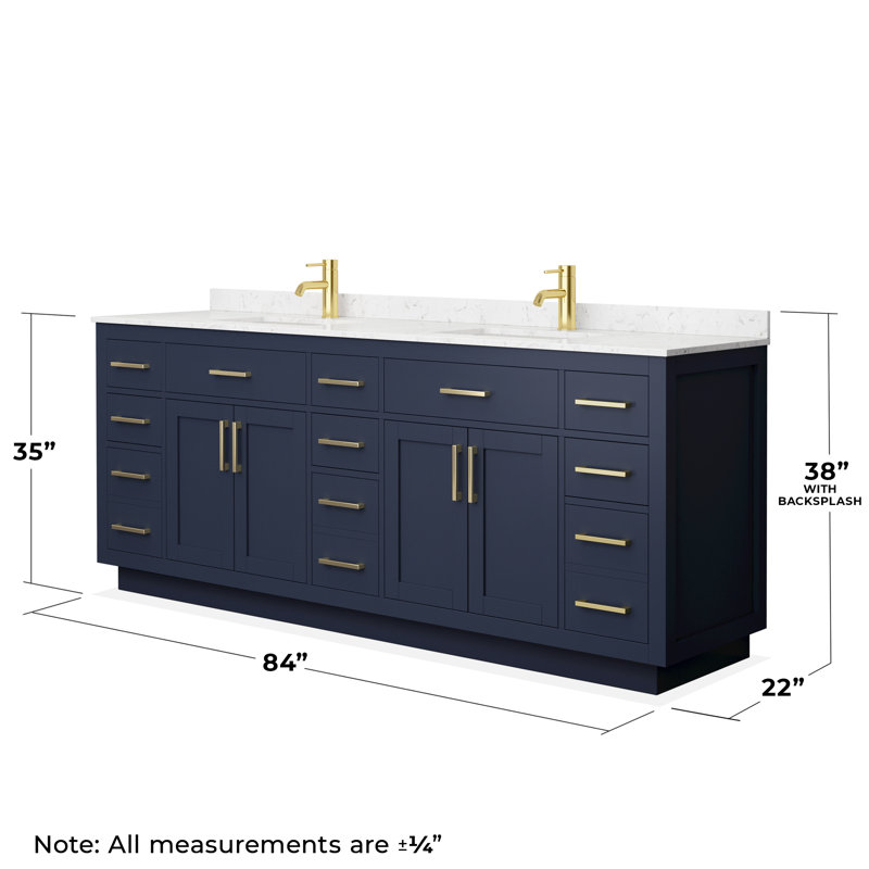 Beckett TK 84'' W Double Vanity, Brushed Gold, Dark Blue, Carrara Cultured Marble