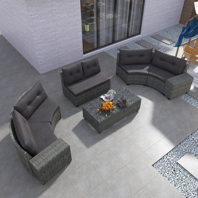 8-Pieces Outdoor Wicker Round Sofa Set, Half-Moon Sectional Sets All Weather,Modular Design,Curved Sofa Set With Rectangular Coffee Table, PE Rattan, Movable Cushion, Easy To Install ,Gray