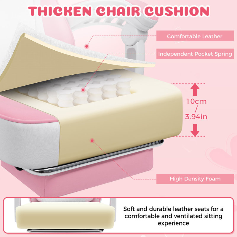 Gaming Chair For Girls With Cat Ears And Massage Lumbar Support Ergonomic Cute Computer Chair With Footrest Reclining Game Chairs For Adults
