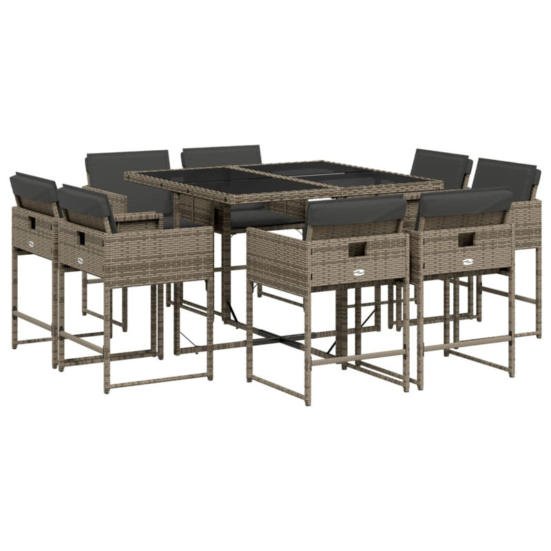  Ensemble repas 9 pièces pour patio avec coussins en rotin de polyester gris, Gris, Gris foncé