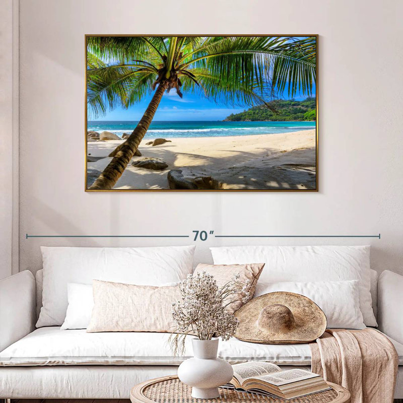 Palm Tree On A Sandy Beach, 46" X 31", Floating Frame Gold