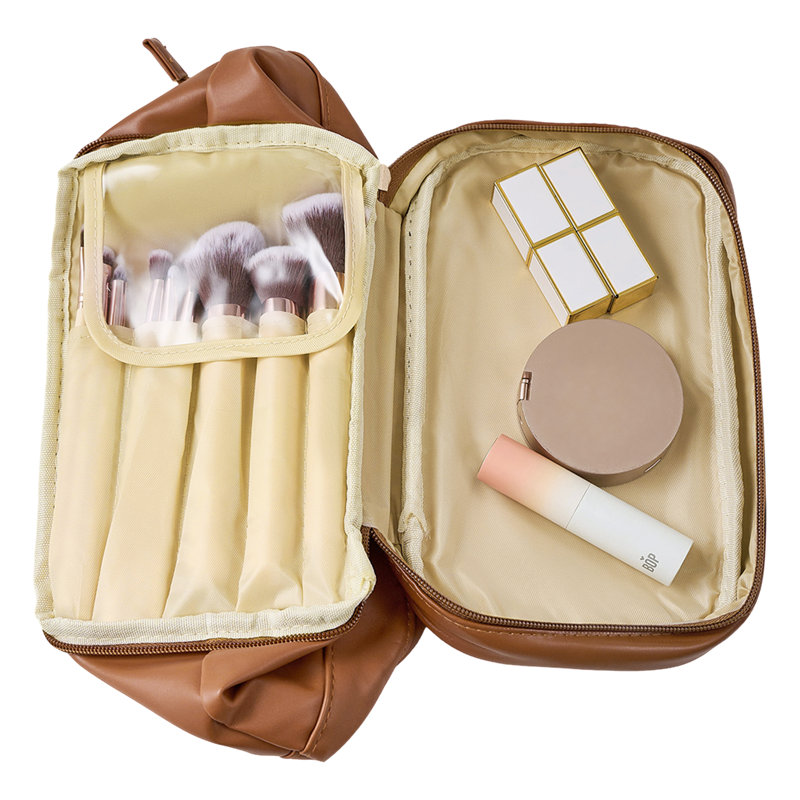 PU Leather；Polyester；PVC；Nylon Zipper Makeup Organiser, Brown