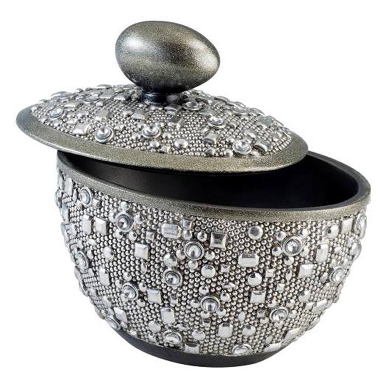 Boîte à bijoux 9 po en résine argentée avec pierres précieuses et cristaux