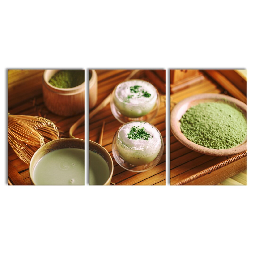 3-tlg. Leinwandbilder-Set Schön dekorierter Matcha Tee