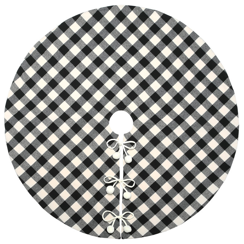 Black and White Plaid 52-Inch Christmas Tree Skirt with Pom Poms
