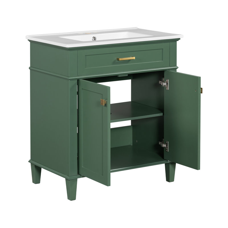 Green 30-Inch Solid Wood Bathroom Vanity with Ceramic Basin