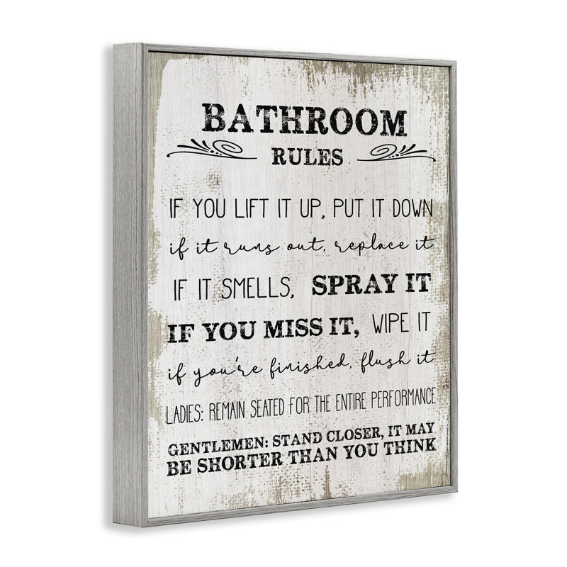 «Bathroom Rules», mot amusant sur bois, motif texturé gris, ferme surdimensionnée, estampe numérique sur toile par Daphne Polselli