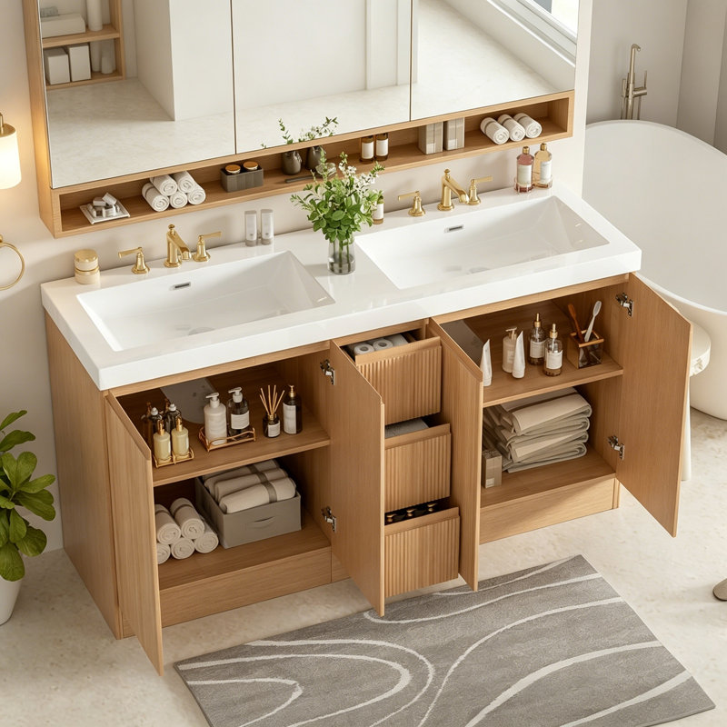 Meuble-lavabo double avec quatre portes et trois tiroirs