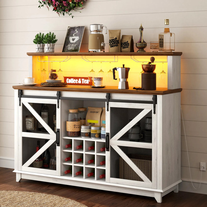 Armoire de bar à café avec lumières à DEL, armoire de rangement de vin de ferme avec support à vin et porte-verres, décor de bar de cuisine, salle à manger à la maison