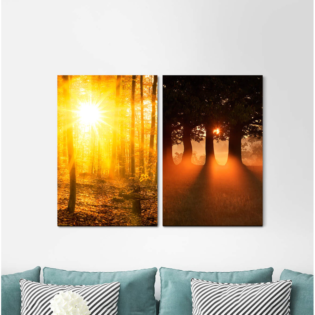 2-tlg. Leinwandbilder-Set - Grafikdruck „Forest Autumn Leaves Sun Rays Warm Light Relaxing Healing”