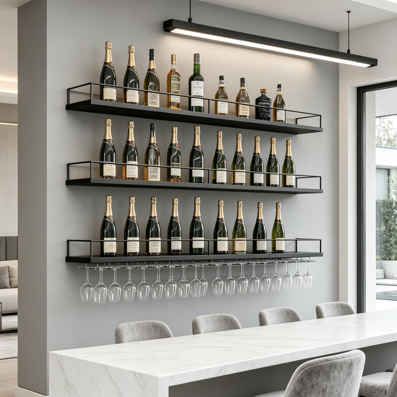 Support à vin mural avec lumières DEL - tablettes flottantes à 3 niveaux avec support en verre pour présentation de grandes bouteilles, décoration de bar pour la maison