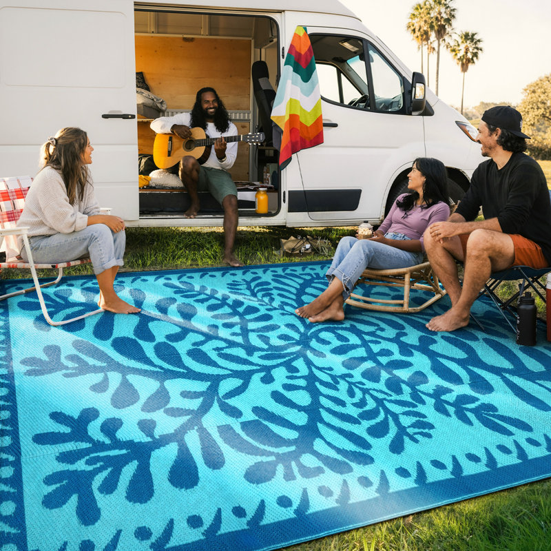 Reversible Waterproof Plastic Straw Outdoor Area Rug for Patio, Camping, Beach,RV & Pool Deck, Blue, Rectangle 6' x 9'
