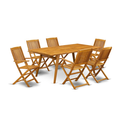 7 Piece Patio Dining Set Consist of a Rectangle Outdoor Acacia Wood Table and 6 Folding Arm Chairs, 40x72 Inch, Natural Oil