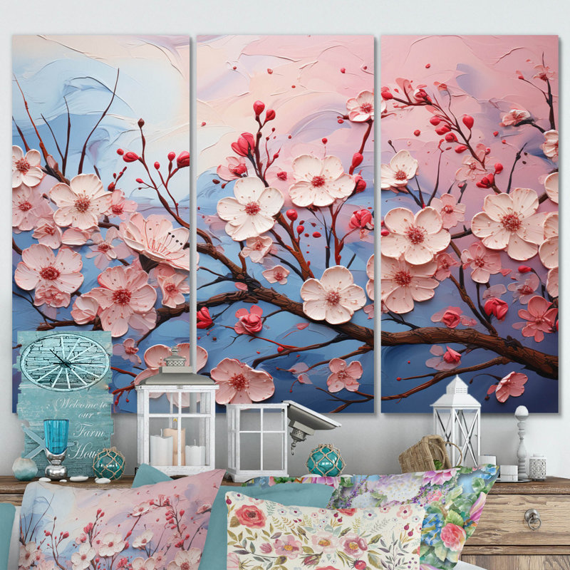 «Pink and Blue Cherry Blossom II» sur toile, reproduction de 3 pièces, H 40 po x l 60 po x P 1 po