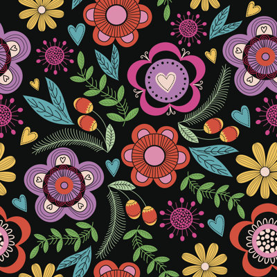 Seamless Floral Pattern On Black Background by BellonaAhillia - Wrapped Canvas Print