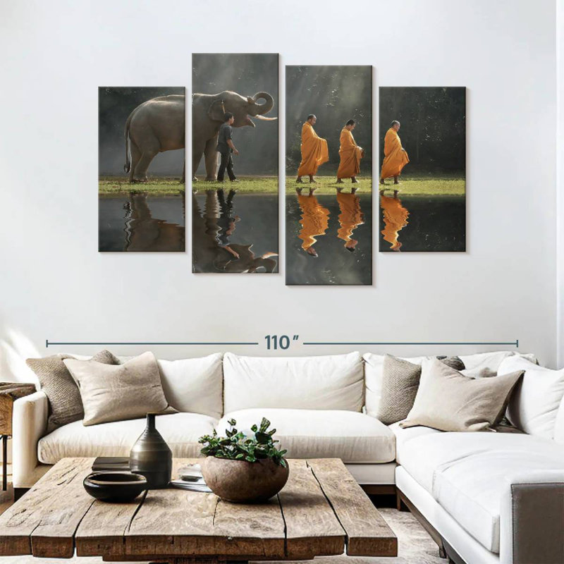 Adella Buddhist Monks And Elephant, 54" H x 84" W