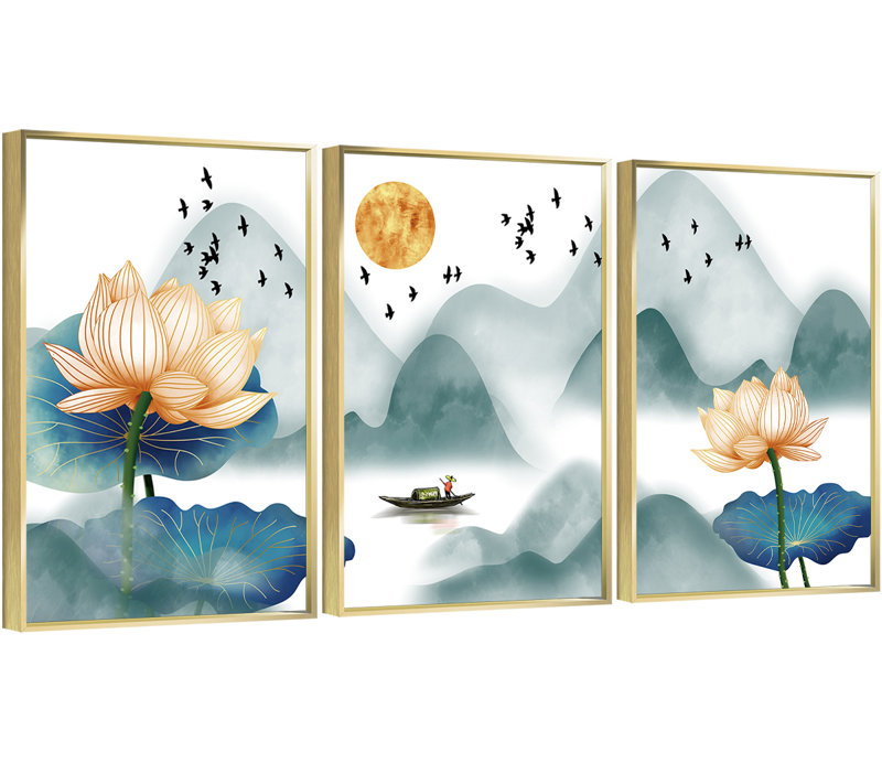 Luxueux aluminium encadré, ensemble de 3 reproductions d'art encadrées sur toile 1, H 48,3 po x l 24,3 po x P 1,65 po, Or