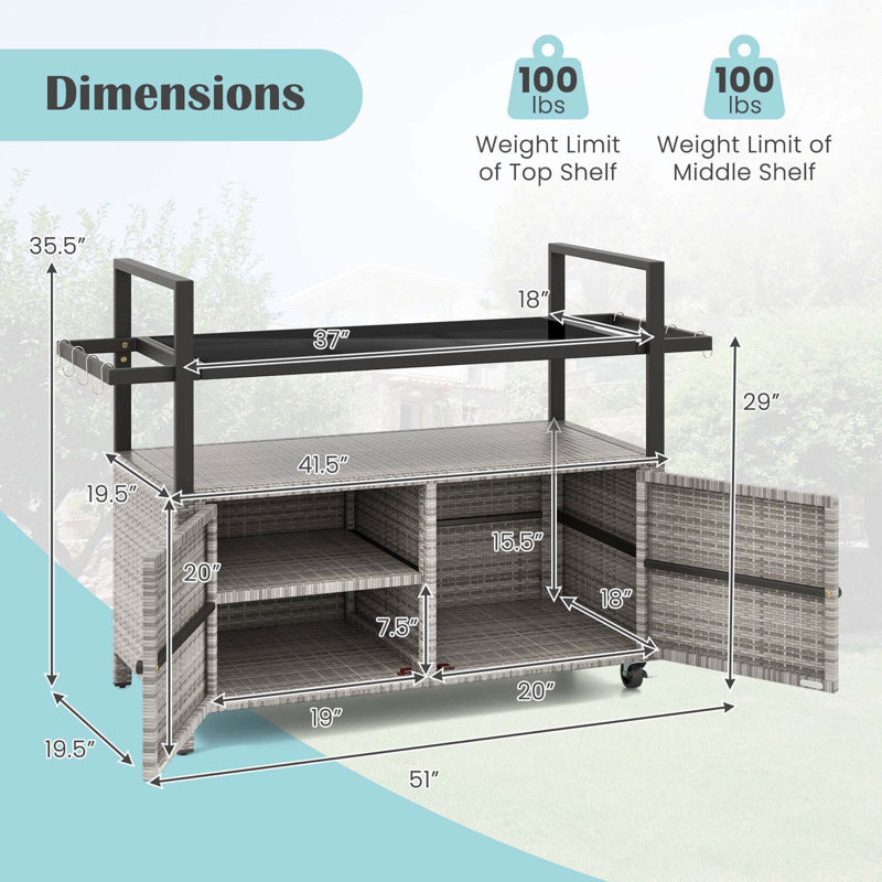 Outdoor Bar Cart With Tempered Glass Top Storage Cabinet & 8 Hooks For Porch, Gray