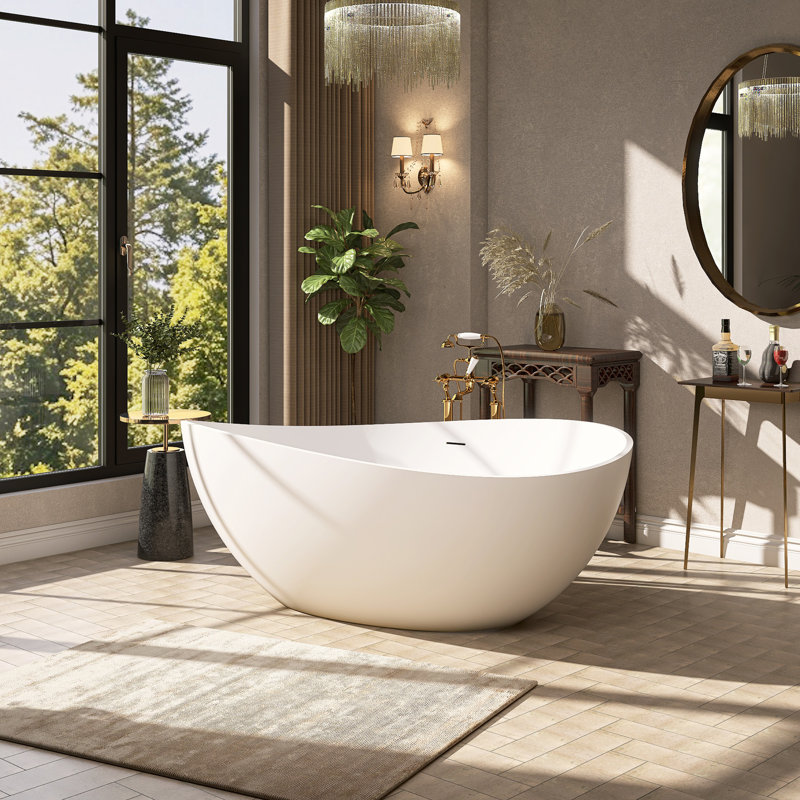 Nurcolin 63'' x 37'' Solid Surface Wave Curved Resin Stone Freestanding Soaking Bathtub in Matte White