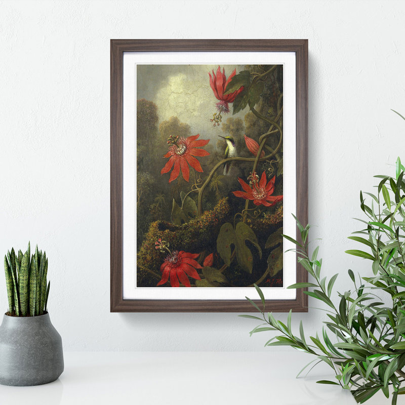 Hummingbird and Flowers by Martin Johnson Heade - Picture Frame Painting, 48cm H x 36cm W x 2cm D, Walnut Framed