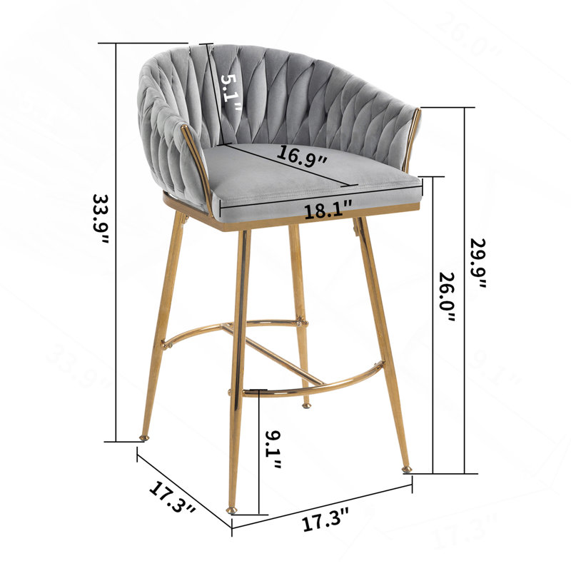 26'' Counter Height Bar Stools Set Of 2,Velvet Kitchen Island Counter Bar Stool With Hand- Wave Back,Golden Chromed Base And Foot Rest(GREY)