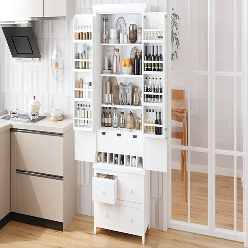 Grande armoire de rangement autoportante en bois avec 8 portes, 3 tablettes réglables, 7 tiroirs et 8 supports à vin, Blanc
